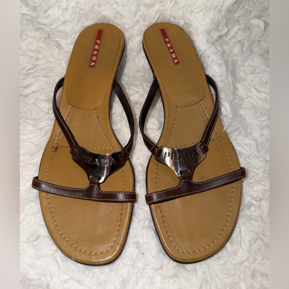 Prada Vintage Brown Logo Leather Kitten Heel Sandals with Minimalist Design